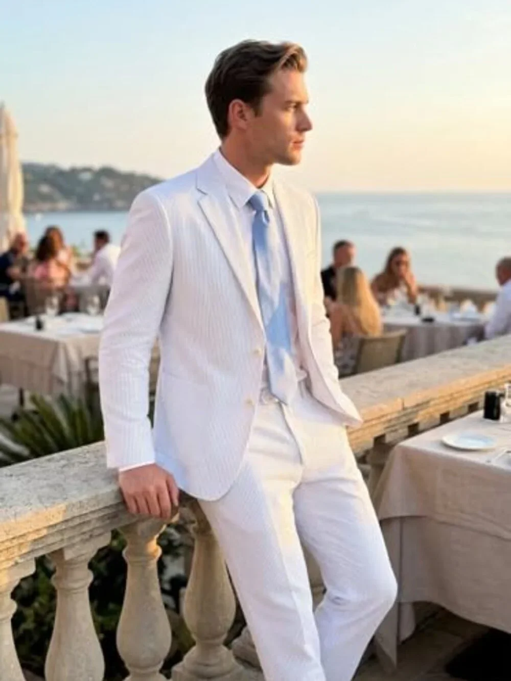 Men's Seersucker Suit Set Slim Fit Wedding Groom Outfit